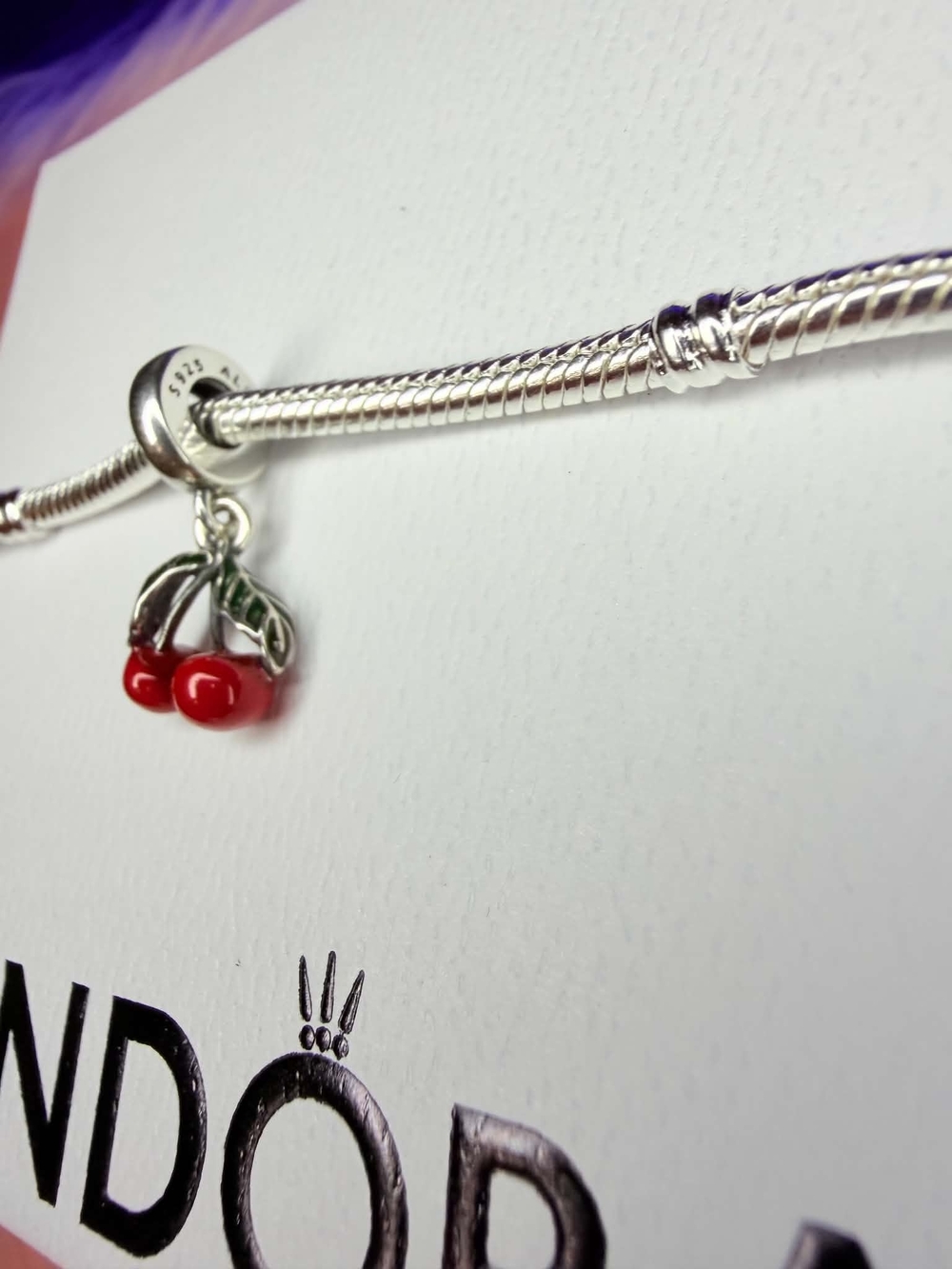 Pandora Silver Cherry Dangle Charm - Red and Green Enamel